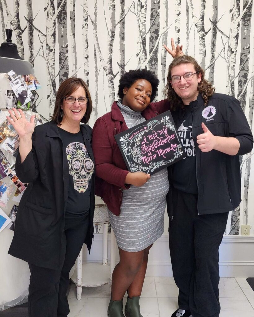 Pleased Mirror Mirror Bride to Be posing with her Bridal Stylist team after she said yes to her wedding dress!