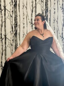 Black Wedding Dress From Mirror Mirror Bridal Boutique In Baldwinsville, NY: Dress is a formal princess ballgown in black with a sweetheart neckline and full skirt.